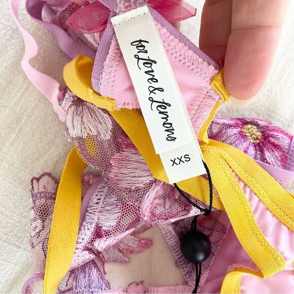 For Love And Lemons Floral Strappy Pink & Yellow Thong Panties XXS NWT - Picture 3 of 7